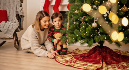 Mother and toddler decorate a Christmas tree in a cozy living room illuminated by warm bokeh lights and stockings on the mantle. Suitable for seasonal advertising and family lifestyle projects.の素材
