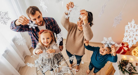 A family decorates handmade paper snowflakes in a bright, sunlit living room. The image shows smiling parents and children preparing seasonal decorations for a cozy holiday atmosphere.の素材