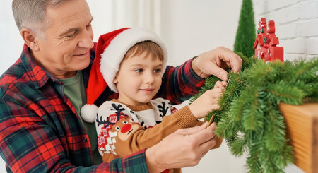 An elderly man helps his grandson hang an evergreen garland on a mantel in warm natural light, creating a cozy holiday scene.の素材
