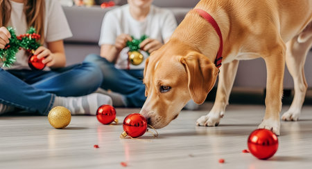 A curious dog investigates red and gold Christmas baubles on a hardwood floor while children sit nearby decorating in a warm, sunlit living room.の素材