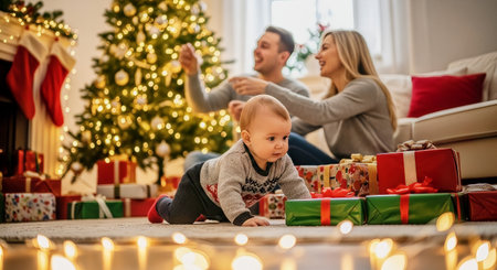 A baby crawls among wrapped presents in a warmly lit living room while parents decorate a glowing Christmas tree. Festive family scene suitable for holiday advertising and seasonal lifestyle use.の素材
