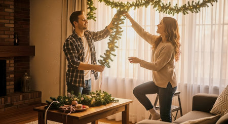 A young couple hangs a lit garland in a warmly lit living room with soft natural backlight. The scene shows festive home decorating and cozy holiday preparation.の素材
