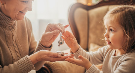 Close up of a grandmother giving a vintage bird pendant and hand painted floral locket to her granddaughter in a cozy living room. Soft natural light highlights the sentimental heirloom exchange.の素材