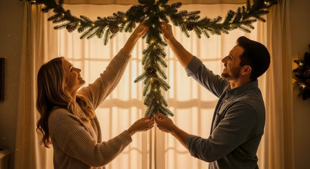 A couple hangs an evergreen garland in a softly backlit living room, bathed in warm golden evening light. The scene conveys a cozy, intimate holiday atmosphere for seasonal marketing.の素材