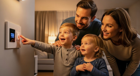 Smiling family uses a smart home control in a warmly lit living room at night. Parents watch as their children excitedly press a glowing thermostat-style button.の素材