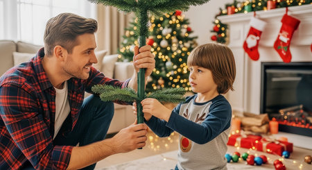 Father and son assemble a Christmas tree in a warmly lit living room with decorated tree, fireplace and wrapped gifts. Cozy holiday scene suitable for family, seasonal and lifestyle use.の素材