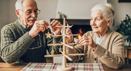Elderly couple decorate a minimalist wooden tabletop Christmas tree by a glowing fireplace, creating a warm, nostalgic holiday atmosphere suitable for senior lifestyle and seasonal marketing.の素材