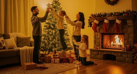A family decorates a glowing Christmas tree by a stone fireplace with soft golden fairy lights and wrapped presents, creating a warm, cozy holiday atmosphere. Ideal for seasonal and lifestyle use.の素材