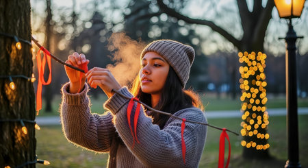 A young woman ties red ribbons to string lights in a park at dusk, with warm backlighting and golden bokeh creating a cozy winter atmosphere.の素材