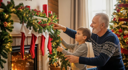 Warm interior scene of a grandfather and grandson hanging garland and stockings on a decorated mantel. Soft fireplace glow and tree lights create a cozy holiday atmosphere.の素材