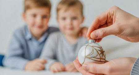 Hands gently hold a white Christmas bauble decorated with gold glitter, while two children sit blurred in the background. Soft natural lighting and neutral tones create a cozy family scene.の素材