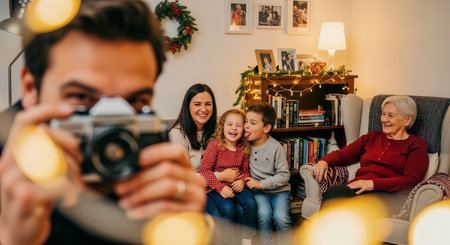 Warm holiday family portrait of three generations sharing a candid moment in a cozy living room with a vintage camera in the foreground and soft fairy lights.の素材