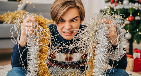 A close up of a frustrated boy tangled in tinsel and string lights while decorating a Christmas tree in a cozy living room. Warm bokeh lighting creates a festive, chaotic holiday atmosphere.の素材