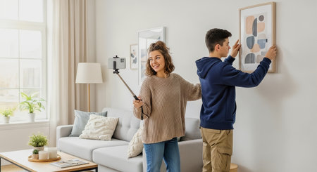 Young couple hangs framed art in a bright living room with warm neutral decor. The scene shows natural window light and a smiling girl recording the moment on a smartphone selfie stick.の素材