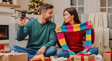 A young couple exchanges holiday gifts in a cozy living room setting. The man smiles as he shows a drone while the woman holds a colorful handknit scarf under warm Christmas lighting.の素材