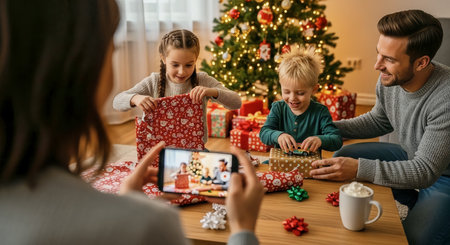 A family opens Christmas presents by a decorated tree while a parent records the moment on a smartphone. Warm indoor lighting highlights joyful expressions and festive details.の素材
