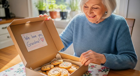 An elderly woman opens a gift box of homemade cookies with a handwritten note. Warm morning sunlight creates a cozy, intimate kitchen scene suitable for family and lifestyle use.の素材