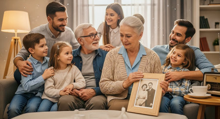 A multigenerational family gathers on a cozy sofa in warm evening light as grandparents hold a framed vintage wedding photograph. The scene conveys warmth, memory, and intergenerational connection.の素材