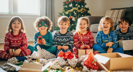 Six children in matching holiday pajamas smile and open gifts in a cozy sunlit living room with a decorated Christmas tree. Lifestyle scene suitable for seasonal advertising and editorial use.の素材