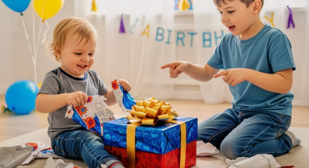 Two young brothers open a beautifully wrapped gift during a bright indoor birthday celebration. Natural light, balloons and joyful expressions create a warm, candid family scene.の素材
