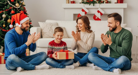 Smiling family unwrapping a Christmas present together in a cozy, decorated living room. Warm lighting and festive decorations create a joyful holiday atmosphere for seasonal marketing.の素材
