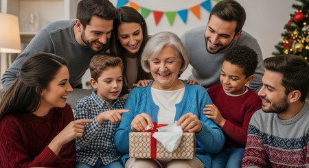 Smiling multigenerational family gathers as a grandmother opens a ribbon tied gift in a cozy, warmly lit living room decorated for the holidays.の素材