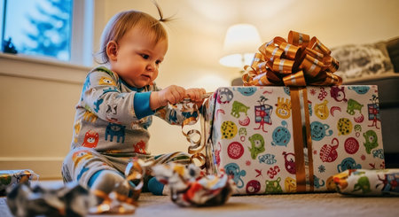 A toddler in colorful patterned pajamas unwraps a large gift under warm lamp light, surrounded by scattered wrapping paper on a cozy living room floor.の素材