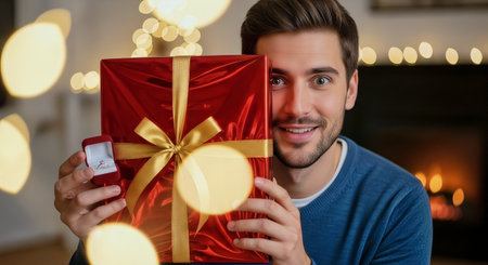 Young man presents a shiny red gift box with a hidden engagement ring, illuminated by warm fireplace light and festive bokeh. Ideal for holiday proposal and romantic celebration visuals.の素材
