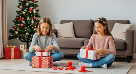 Two girls sit on a living room rug unwrapping Christmas presents beside a decorated tree and lit candles. Warm lighting and cozy decor create a joyful holiday scene.の素材
