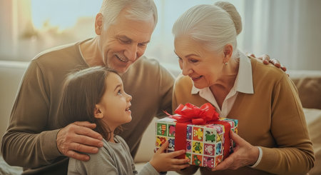 Grandparents present a wrapped gift to their granddaughter in warm golden light, capturing an intimate family moment. Suitable for lifestyle, holiday, and intergenerational themes.の素材