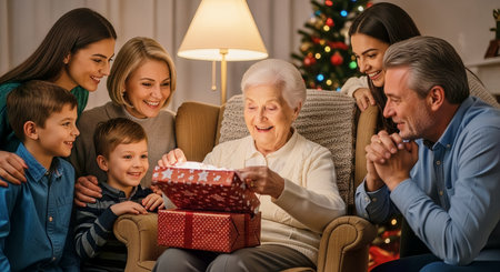 Elderly woman opens a present surrounded by smiling family members in a warmly lit living room decorated for Christmas. A cozy, emotional holiday scene suitable for seasonal marketing.の素材