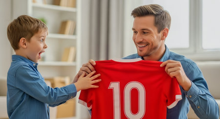 Happy father gives son a red number ten soccer jersey in a bright living room. The image shows warm natural light, candid smiles and a family bonding moment for lifestyle or sports use.の素材