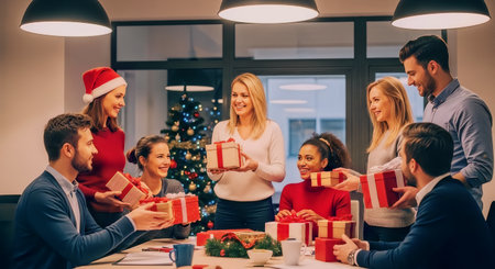 A diverse team exchanges wrapped holiday gifts in a warmly lit office setting, creating a festive and collaborative atmosphere suitable for corporate and seasonal promotions.の素材