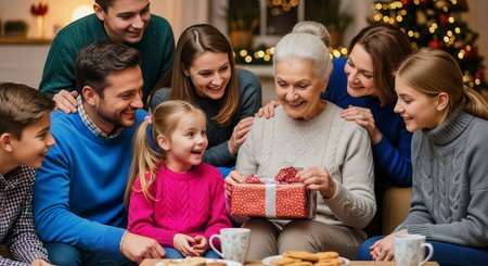A multigenerational family shares a warm holiday moment as a grandmother opens a gift by a decorated Christmas tree. Cozy indoor evening scene for seasonal marketing.の素材