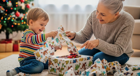 Grandmother and toddler share a joyful moment unwrapping a holiday present in a cozy living room. Warm natural light and a decorated Christmas tree create a festive family atmosphere.の素材