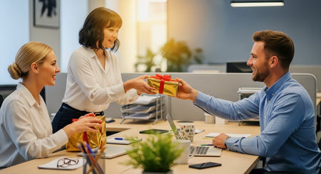 Business colleagues exchange wrapped gifts at a shared office desk under warm natural light. Ideal for corporate celebration, teamwork, employee appreciation and workplace holiday imagery.の素材