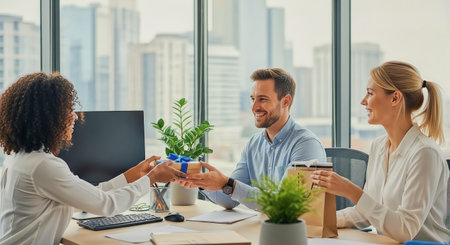 Three coworkers exchange gifts and smiles in a sunlit modern office during a casual team appreciation. Suitable for business, HR, and workplace culture projects.の素材