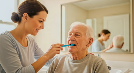 A caregiver assists an elderly man with tooth brushing in a bright home bathroom. Warm natural light highlights a compassionate daily care moment suitable for healthcare and senior living use.の素材