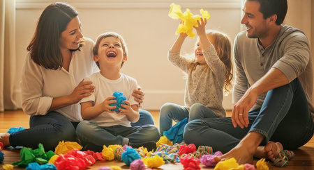 A happy family enjoying playful indoor time in a sunlit living room, laughing together while playing with colorful paper toys on the hardwood floor. Suitable for lifestyle and parenting projects.の素材