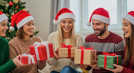 Five friends in Santa hats exchange wrapped gifts in a cozy living room with warm window light and a decorated Christmas tree. Suitable for holiday marketing, seasonal lifestyle and greeting card use.の素材
