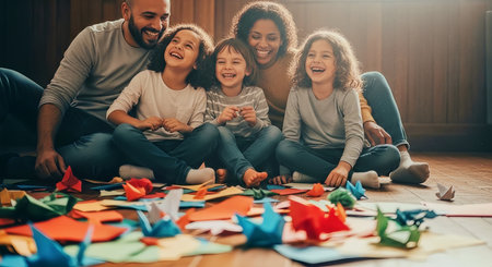 Parents and children laugh together during a creative play session on the floor with colorful paper crafts. Warm natural light and candid expressions convey family bonding and joy.の素材