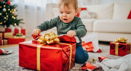 Baby opening a large red present with a gold bow on Christmas morning in a cozy sunlit living room. Warm natural light and soft bokeh tree lights create a joyful holiday scene.の素材
