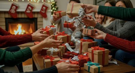 Warm, candid scene of friends exchanging wrapped holiday gifts by a glowing fireplace. Cozy indoor gathering with festive decorations and soft ambient lighting for seasonal use.の素材