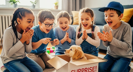 Children gather around a cardboard box to welcome a golden retriever puppy in a warm, sunlit living room. Ideal for family, pet adoption, and lifestyle illustrations.の素材