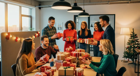 Colleagues exchange wrapped gifts at a festive office party with warm lighting and holiday decorations. Ideal for business, team building and seasonal celebration concepts.の素材