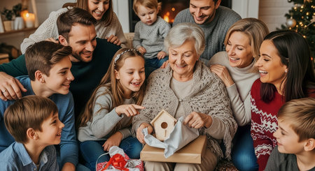 Multi generational family celebrates the holidays as a grandmother opens a handcrafted wooden birdhouse by the fireplace. Warm lighting highlights joyful expressions and cozy seasonal decor.の素材
