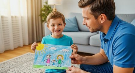 A smiling young boy proudly shows a colorful crayon drawing of a family to his father in a sunlit living room. Warm natural light highlights a cozy home bonding moment.の素材