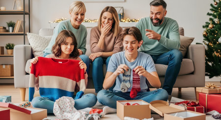 A family opens holiday gifts in a cozy living room as warm lights glow. The teen shows a disappointed expression at a sweater while others laugh and share the festive moment.の素材