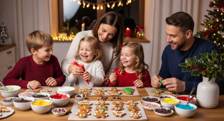 A happy family enjoys a festive holiday activity, decorating gingerbread cookies together. Parents and children are smiling and laughing, surrounded by colorful frosting, sprinkles, and treats.の素材