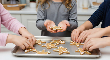 This close-up shot captures the joyful essence of childhood baking as children's hands decorate homemade gingerbread cookies. It highlights a sweet family activity and a cherished holiday tradition.の素材